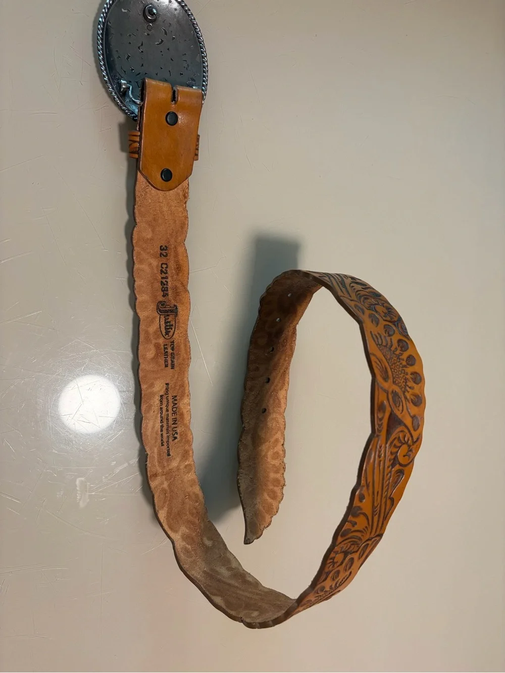 Tooled Leather Floral Western Belt with Decorative Silver Buckle - Brown